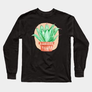 Watercolor Potted Green Succulent Long Sleeve T-Shirt